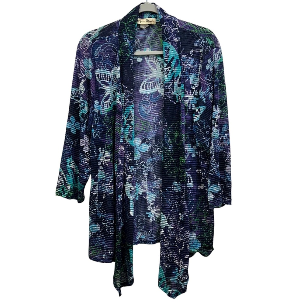 Aqua Blues Cardigan Womens 2X Blue Mesh Open Front Floral‎ Lightweight Made USA